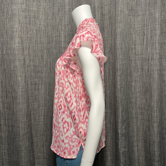 NWOT Nanette Lepore High Neck Lightweight Flutter Short Sleeve Print Blouse S - Picture 7 of 11